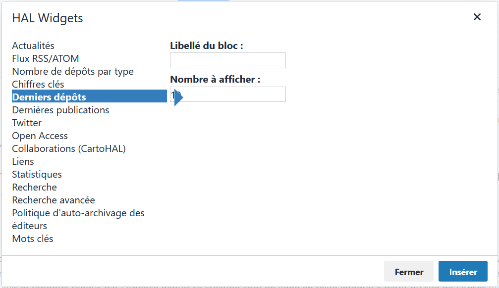 Widget Derniers dépôts : éditeur