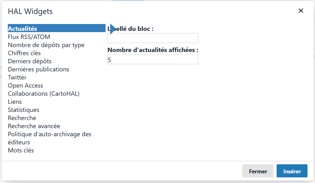 Widget Actualités : éditeur