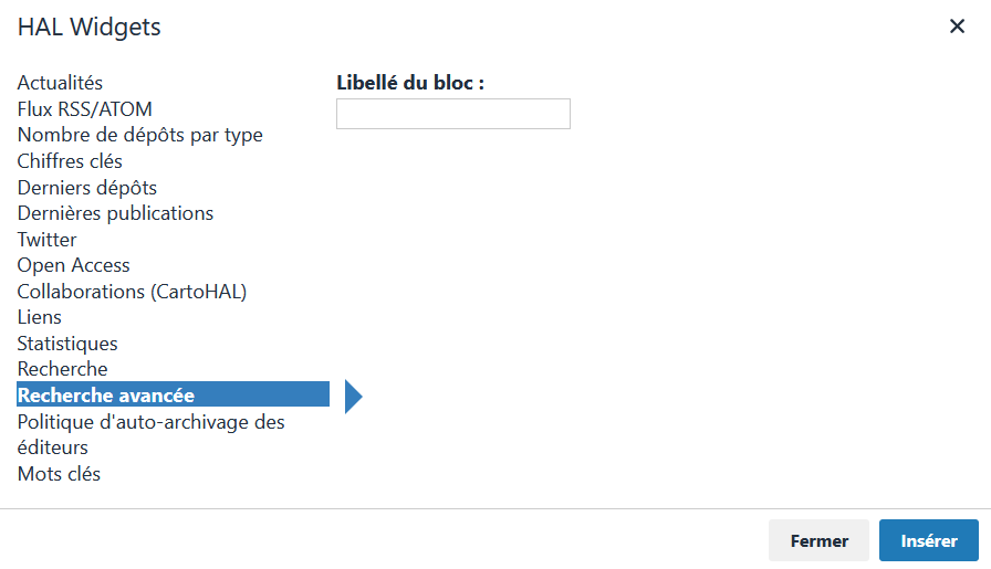 Widget Recherche avancée : éditeur