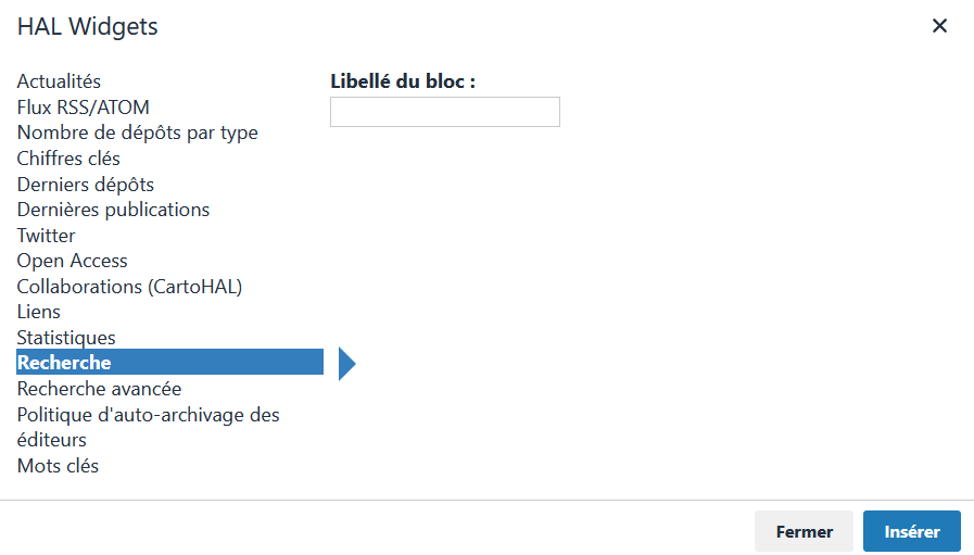 Widget Recherche : éditeur
