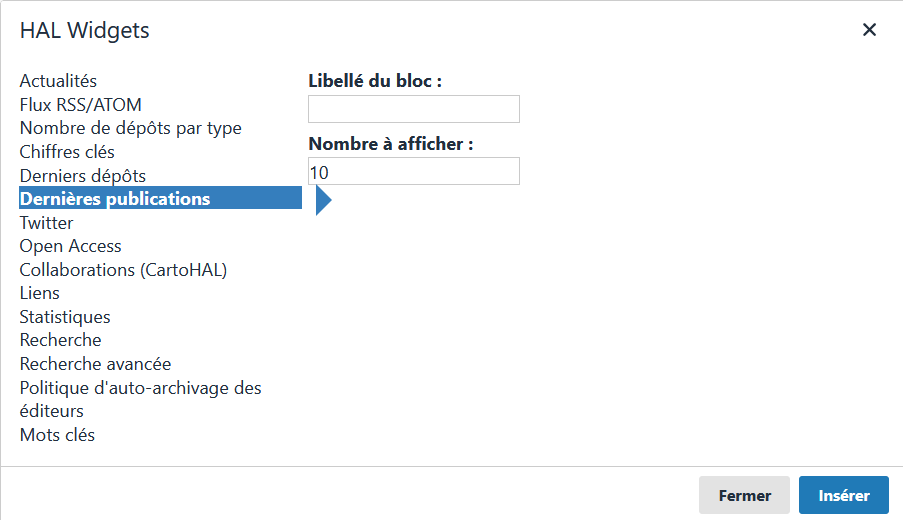 Widget Dernières publications : éditeur