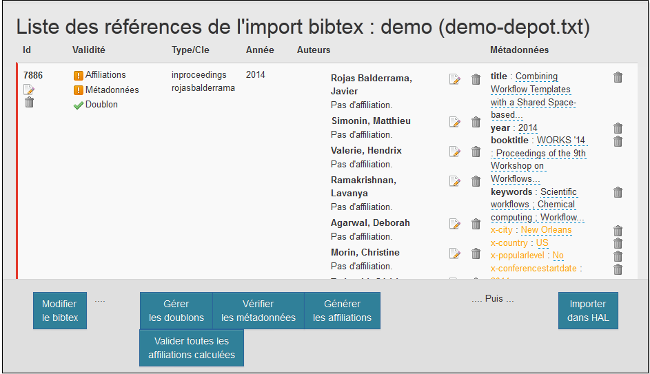 Liste des références de l'import BibTeX