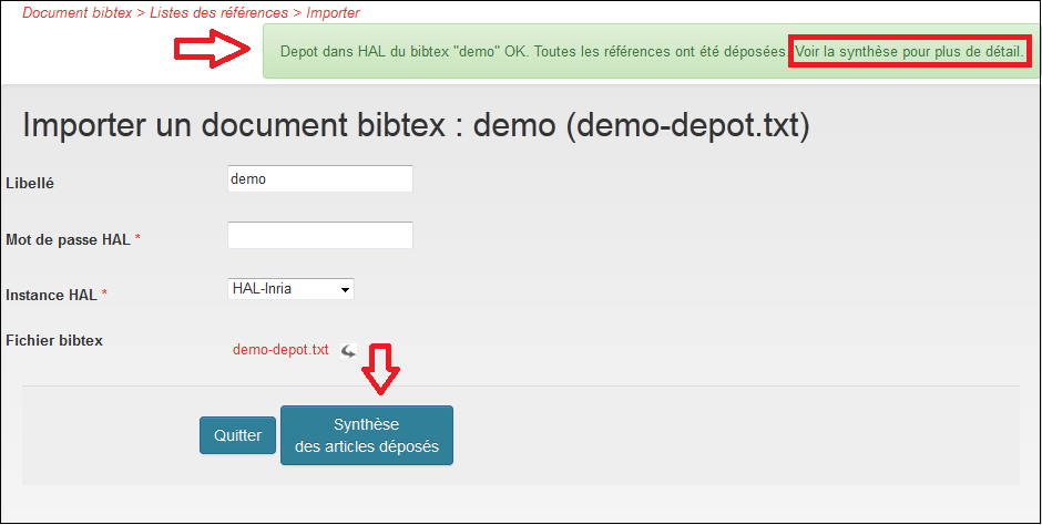 importer un document bibtex : les références ont bien été déposées, message de validation